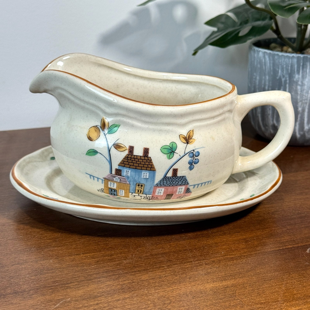 Vintage International China Heartland Gravy Boat and Saucer Stoneware Farmhouse